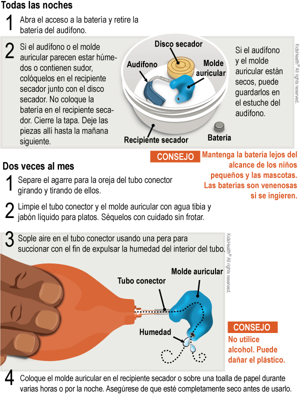 Todas las noches
1. Retire la batería.
2. Si el audífono o el molde auricular están húmedos, colóquelos en el recipiente secador junto con el disco secador. No coloque la batería en el recipiente secador. Cierre la tapa. Deje las piezas allí hasta la mañana siguiente. Cuando estén secos, puede guardarlos en el estuche del audífono.

CONSEJO: Mantenga las baterías lejos del alcance de los niños pequeños y las mascotas ya que son venenosas si se ingieren.

Dos veces al mes
1. Separe el agarre para la oreja del tubo conector girando y tirando de ellos.
2. Limpie el tubo conector y el molde auricular con agua tibia y jabón líquido para platos. Séquelos sin frotar.
3. Sople aire en el tubo conector usando una pera para quitar la humedad del interior del tubo.
4. Coloque el molde auricular en el recipiente secador o sobre una toalla de papel durante varias horas o por la noche. Debe estar completamente seco antes de usarlo.

CONSEJO: No utilice alcohol; daña el plástico.